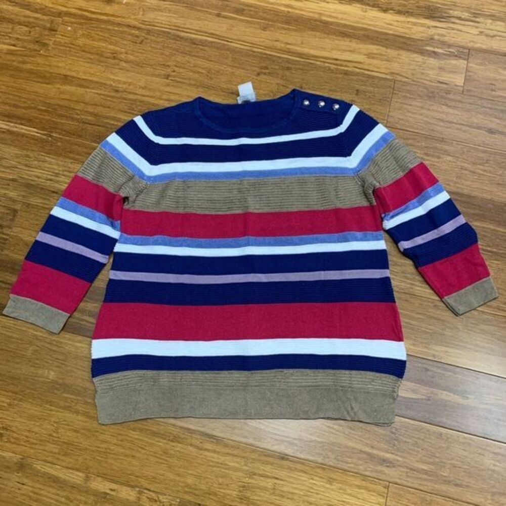 Chico's Sweater Womens Small Petite Striped Nautical Knit Button Shoulder Detail